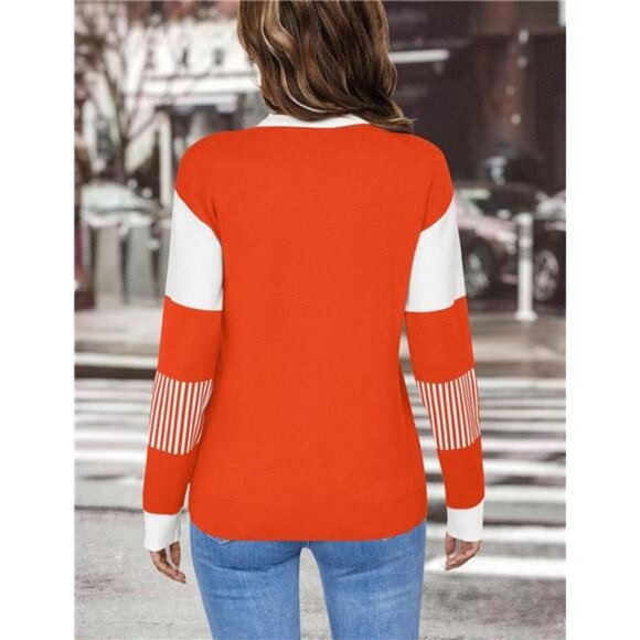 Womens V Neck Sweater Long Sleeve Color Block Striped Knitted Pullover Top - Picture 5 of 6
